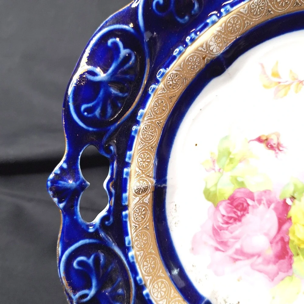 Antique Cobalt Blue Porcelain Cabinet Plate Gold Gilt Floral Roses Embossed 9.5